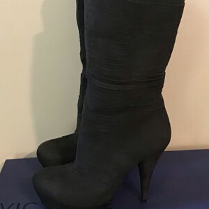 Vic Matie Italian Designer Womens Fumo Grey Leather Knee Length High Heel Boots